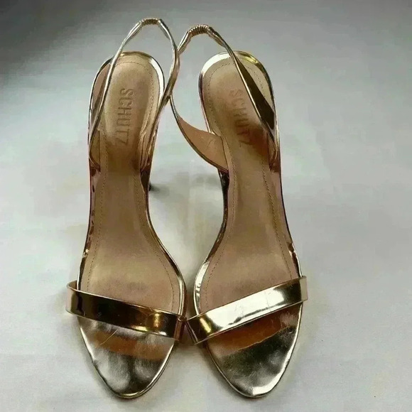 Brazilian Designer Schutz Luriane Metallic 4" High Heels Sandal Size 9.5 Gold - Picture 3 of 9